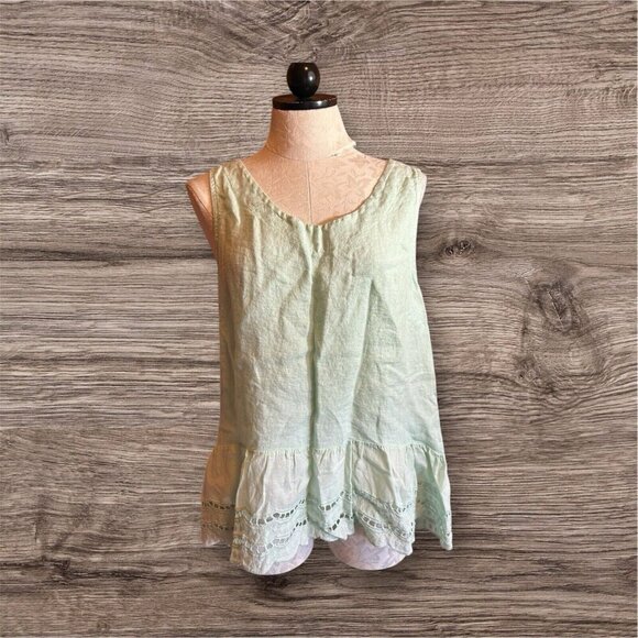 Valentina Naldi ITALY Top LINEN Sleeveless Relaxed Babydoll Light Green Sz L - Picture 1 of 7